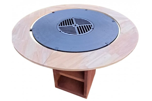 Runder Holztisch Feuerplattengrill...